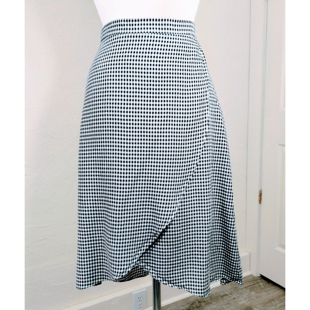 LOFT gingham faux wrap skirt black and white plaid high waist midi length sz 12